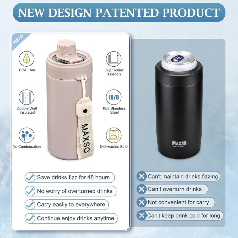 Max&So Sealed Can Cooler Fizz Lid Can Cover for 12 oz Regular, Slim Skinny Cans & As Thermal Bottle, 4-in-1 Insulated Vacuum Stainless Steel Carbonated Cold Drink Holder - Oat - Image 3